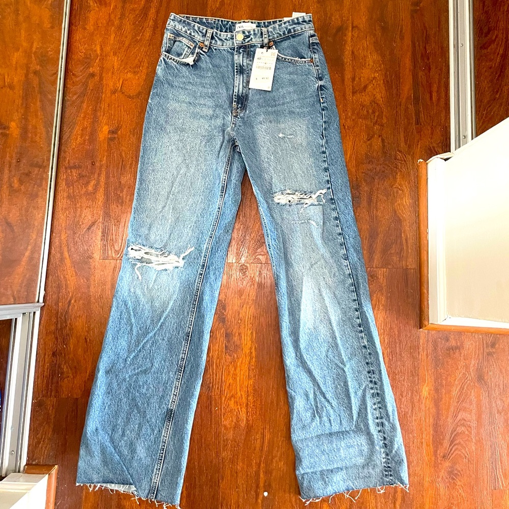 Zara Ripped Wide Leg Jean- Blue